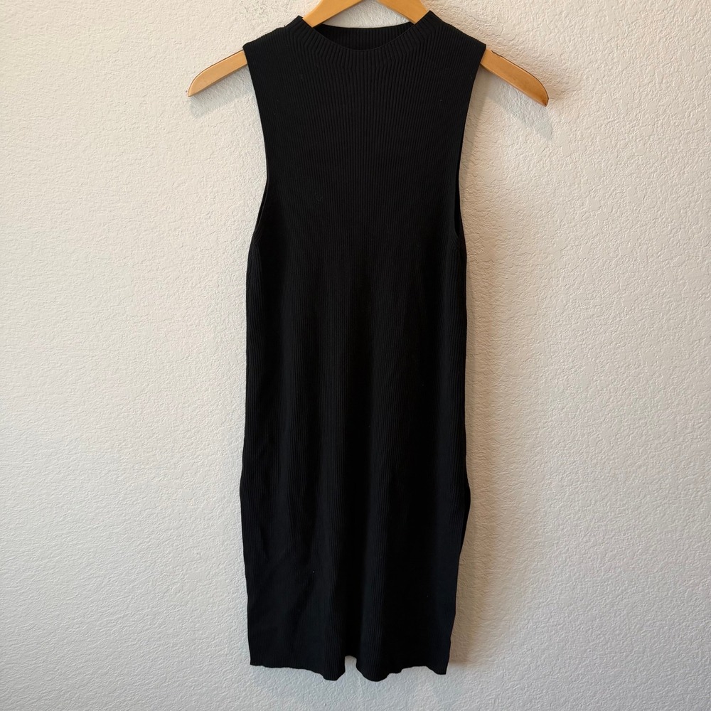 by Anthropologie Ribbed Knit Sleeveless Mock Neck Dress Black Side Slits‎ Small